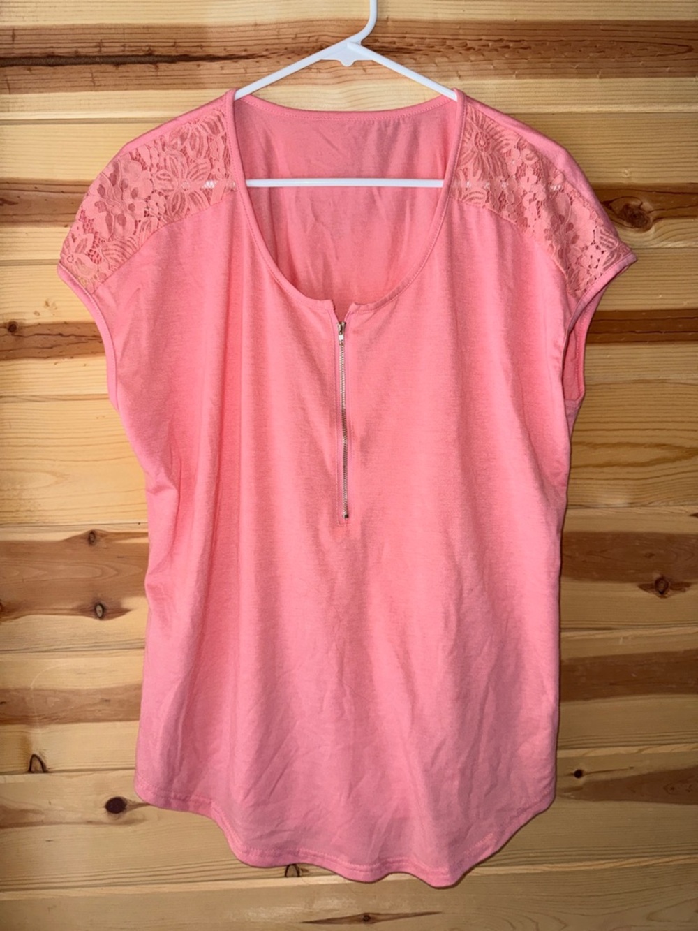 Women's Pink Lace Shoulder Zip-Front Top